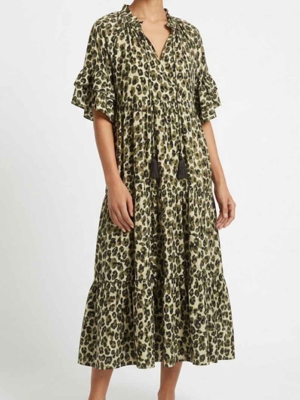Rungolee Silk Green Leopard Print Tiered Midi Dress XS EUC
